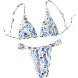 Boho Triangle Swimsuits Thong Cheeky Floral Bikini Set - Size M, NWOT